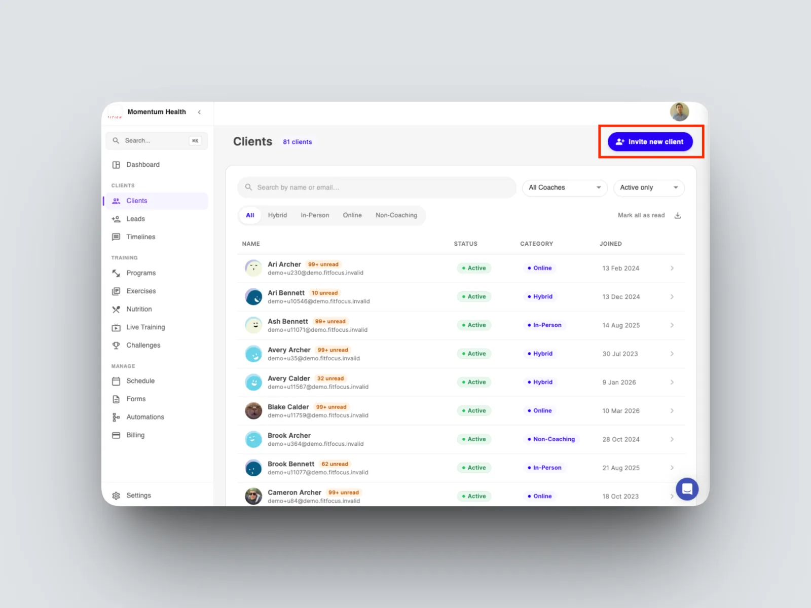 From the left-hand menu, open Clients, then select Invite client.