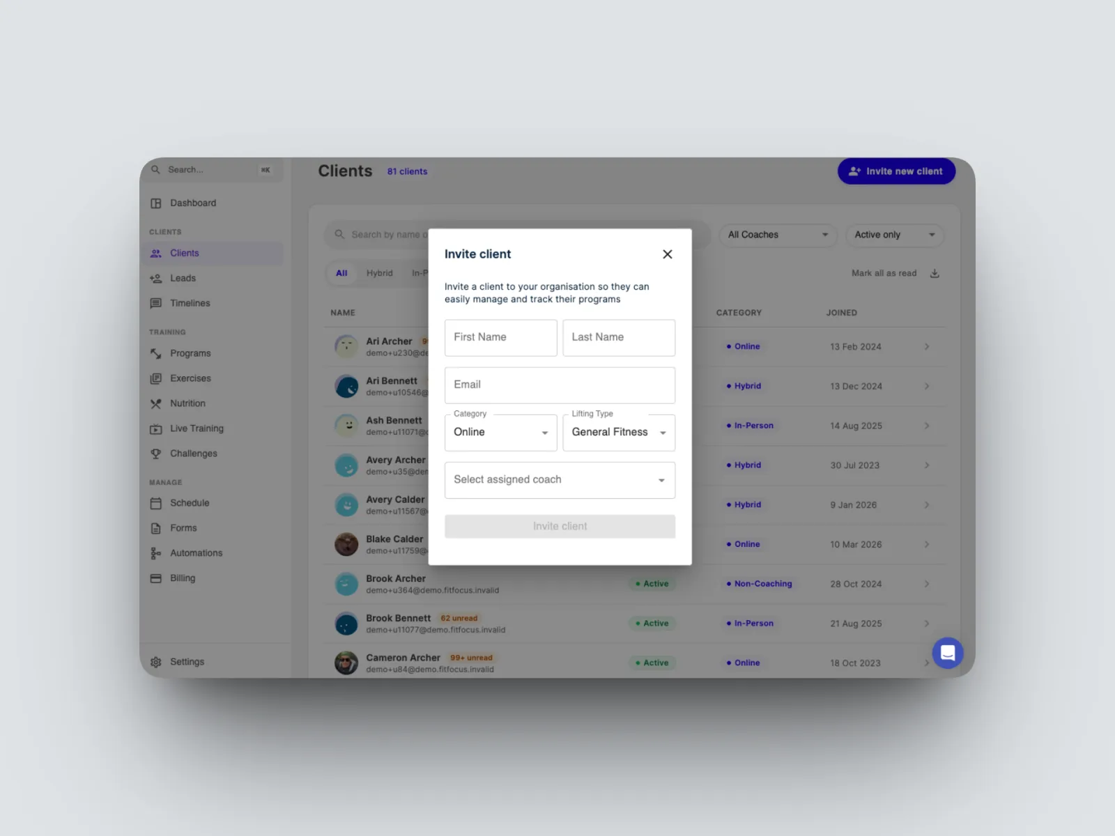 Enter the client's first name, last name, and email address.
