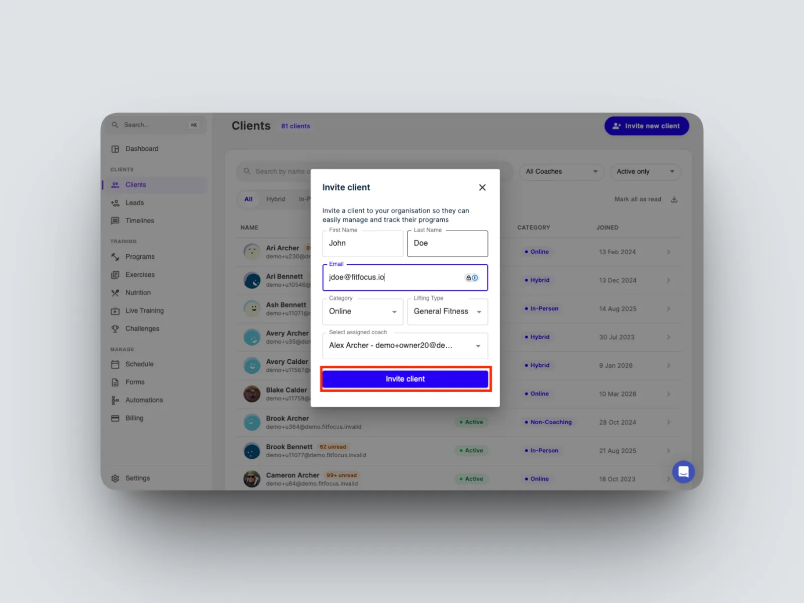 Select Invite client.