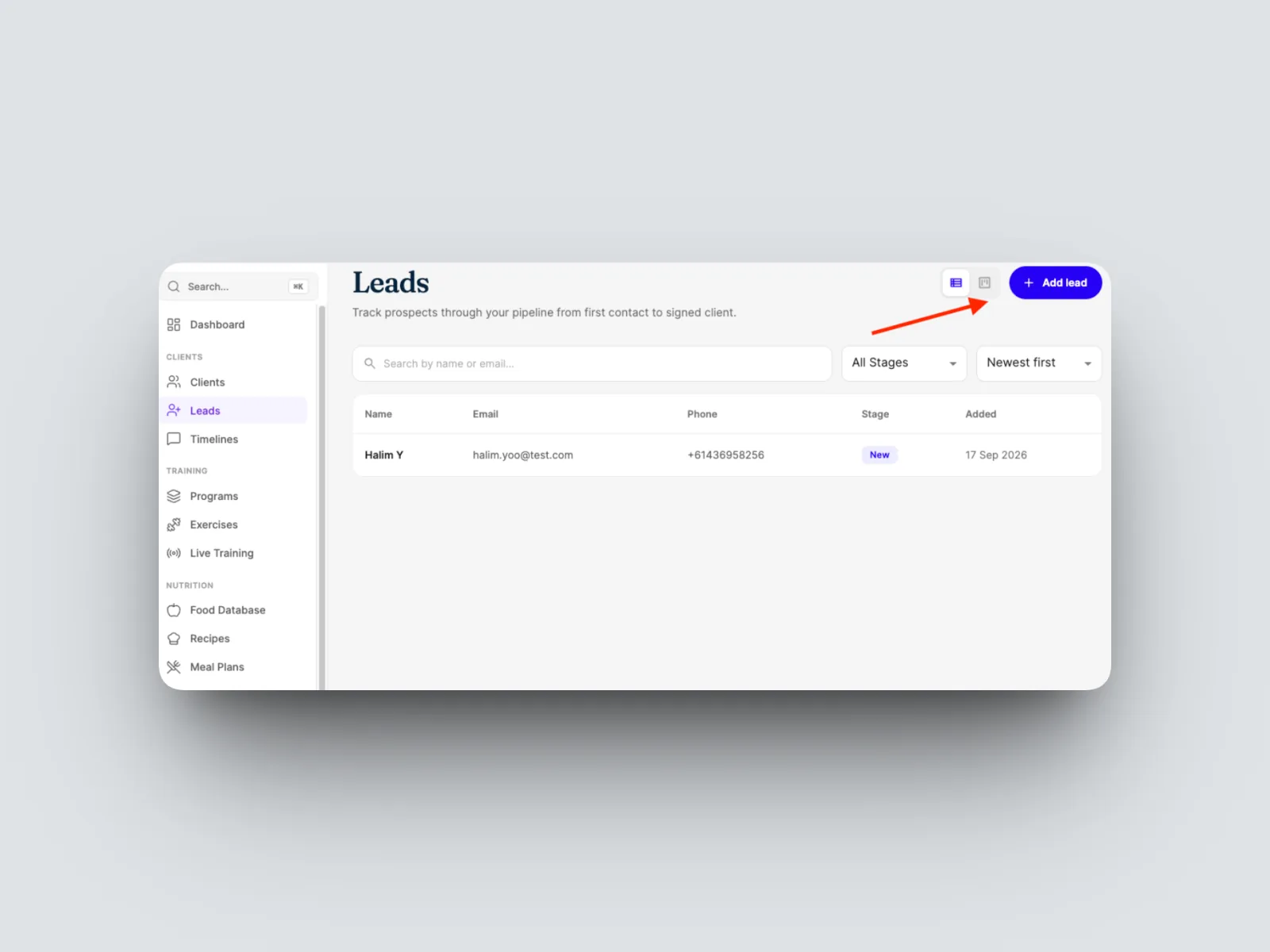 Select Add lead from the top right.
