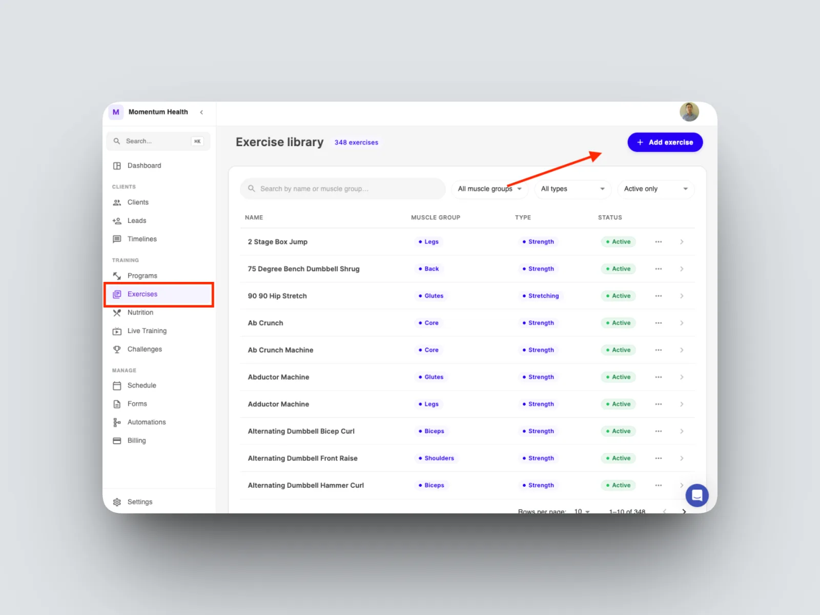 From the left-hand menu, open Exercises, then select Add exercise.