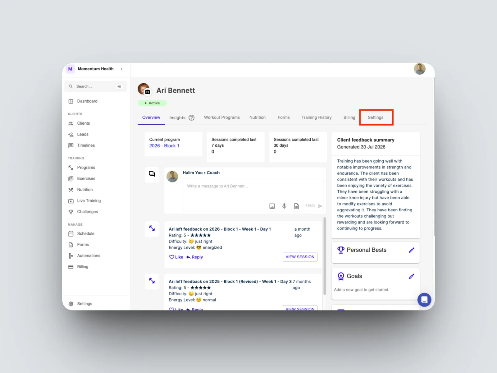 Open the client from your Clients list and go to the Settings tab.