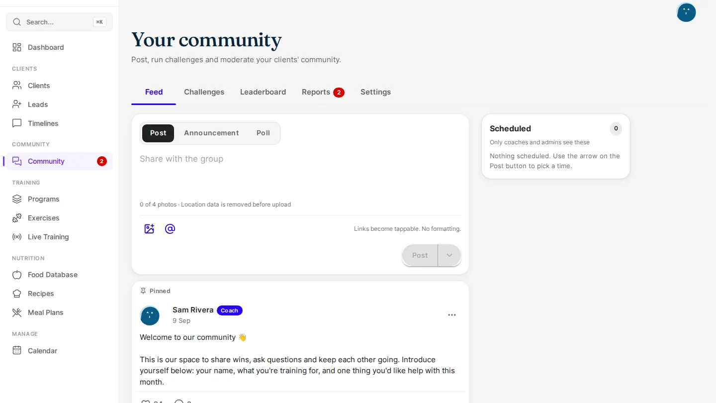The FitFocus Community feed with posts from a coach and clients