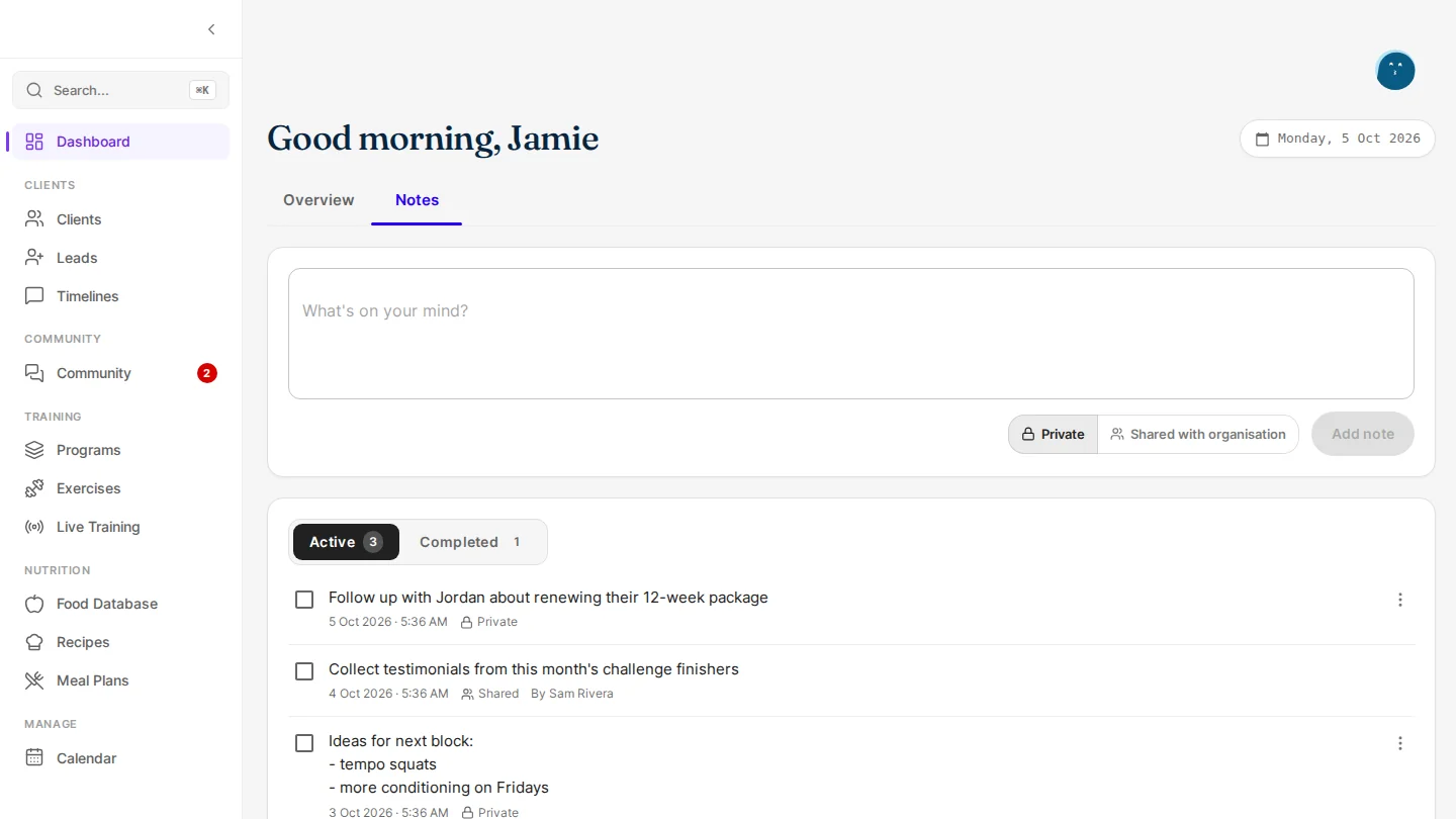 The Notes tab on the FitFocus coach dashboard