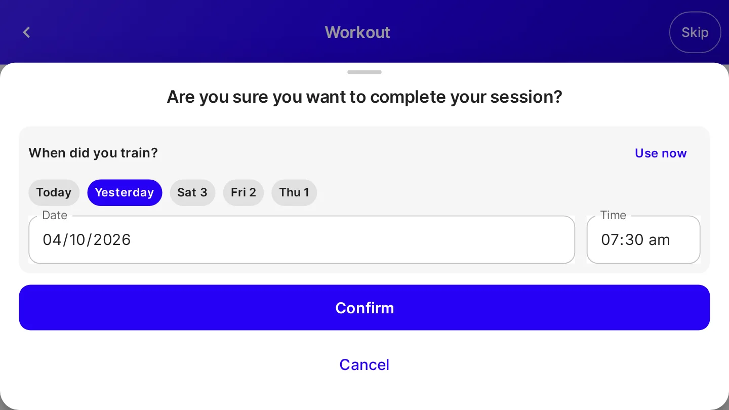 The workout finish sheet with Yesterday picked as the training day