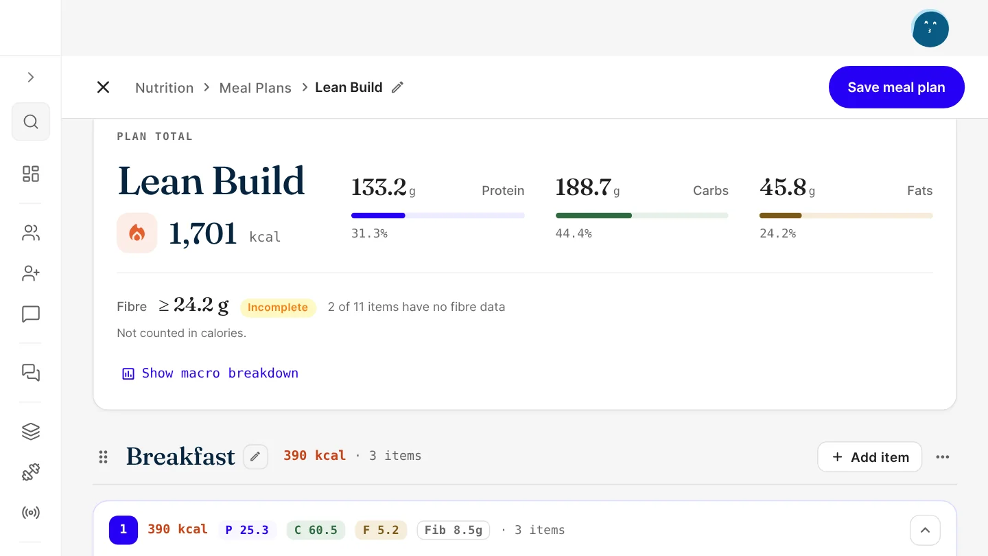 The FitFocus meal plan builder showing fibre in the day's totals