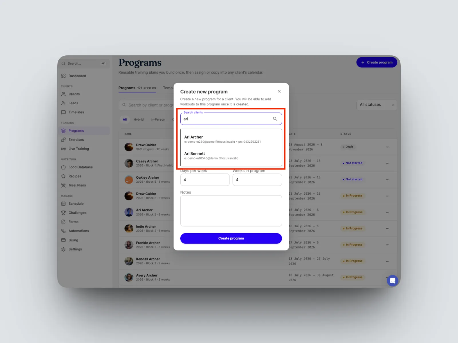 Search for and select the client.