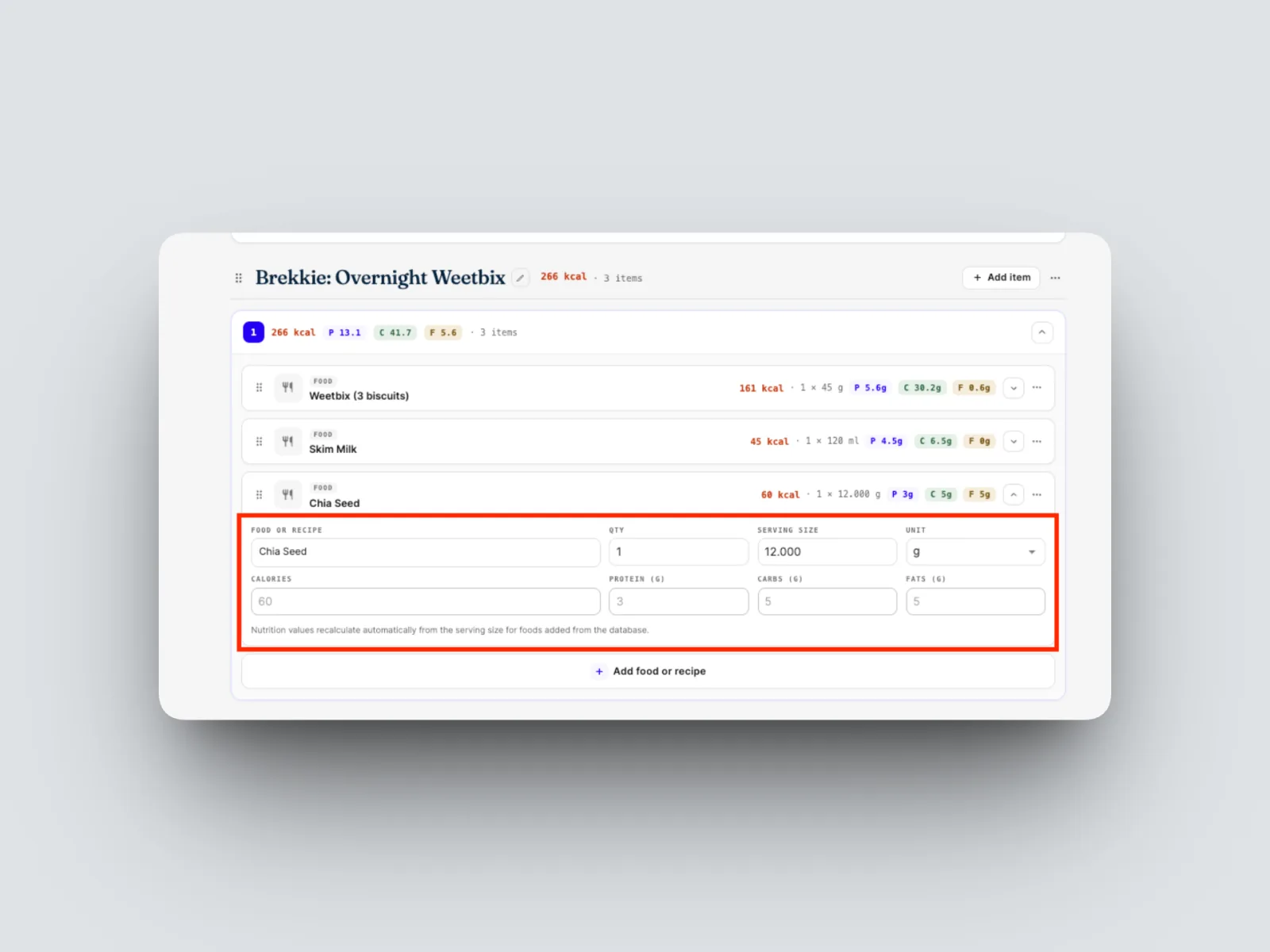 macronutrients are set by the verified database and cannot be edited.
