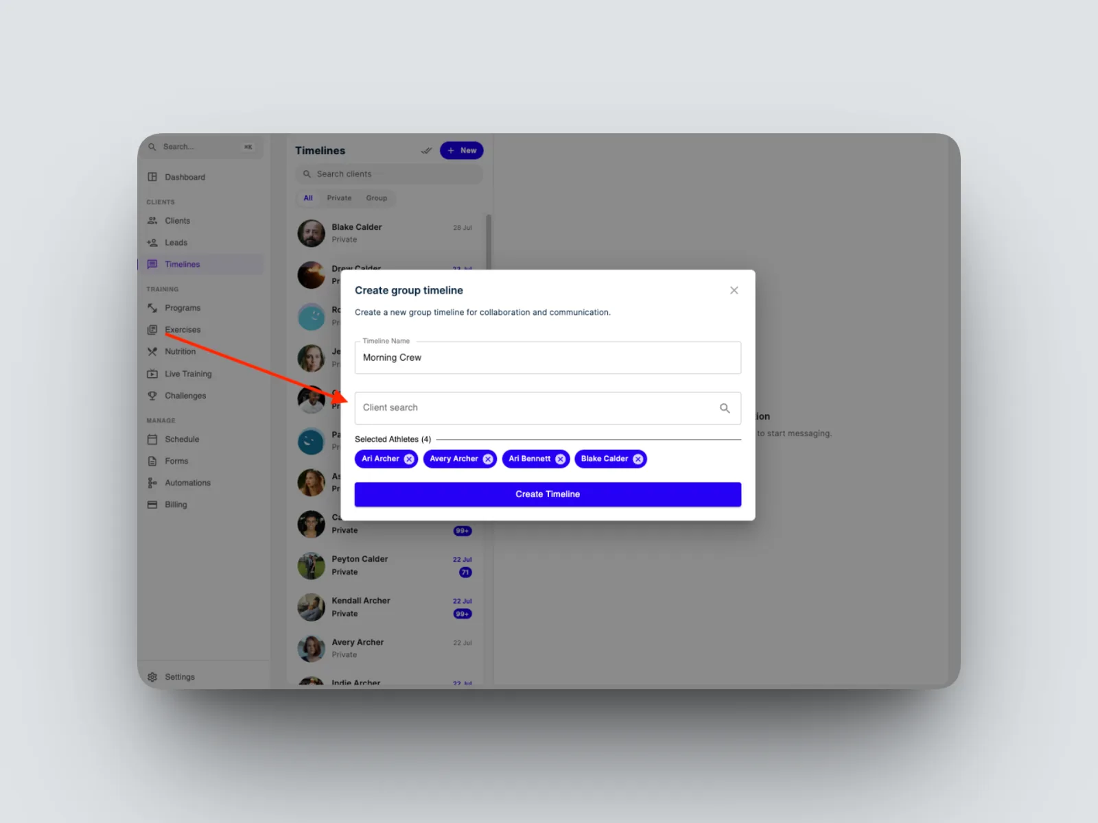 Name the group and add the clients you want in it.