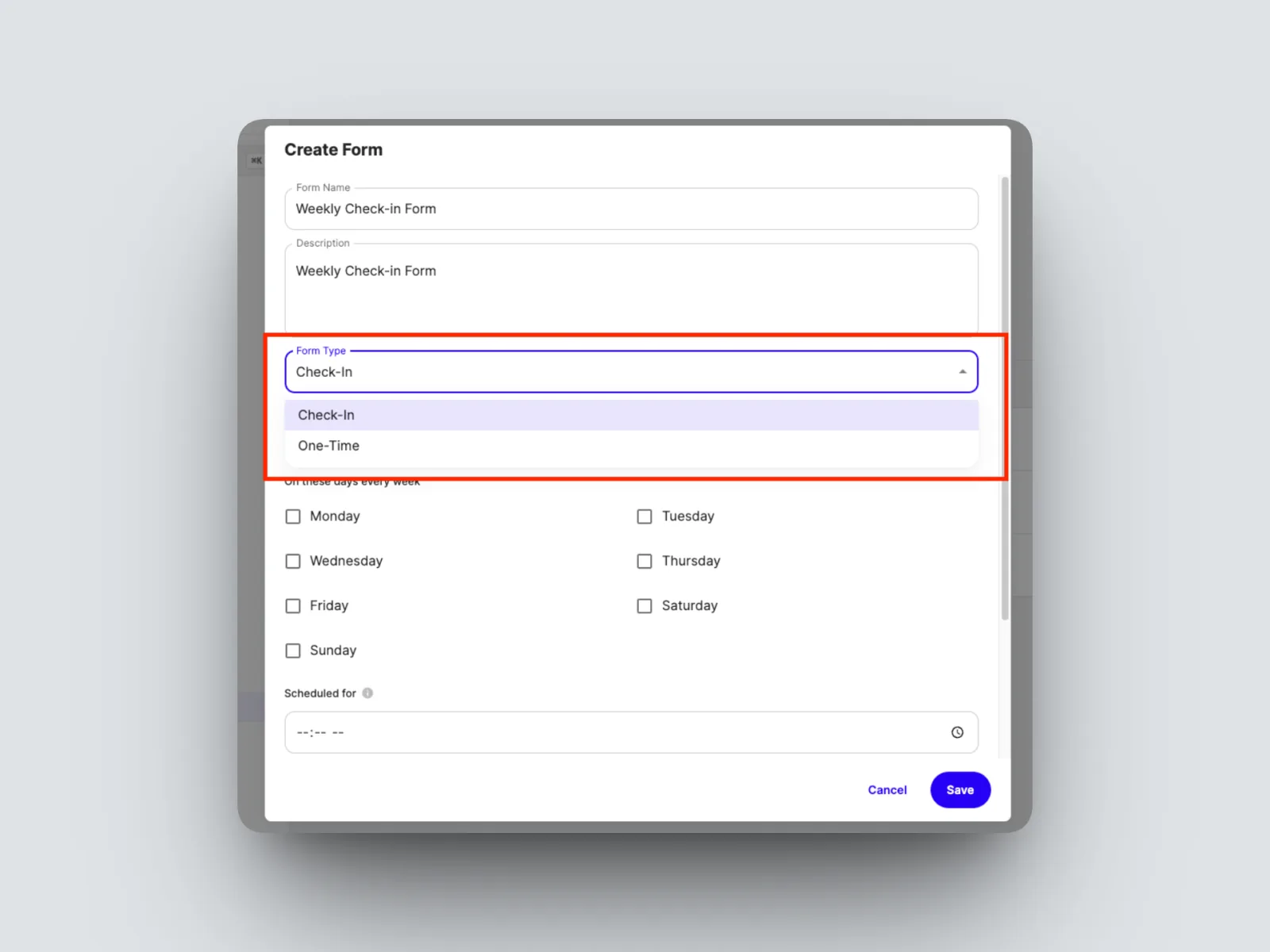 sure to select “Check-in” in Form Type