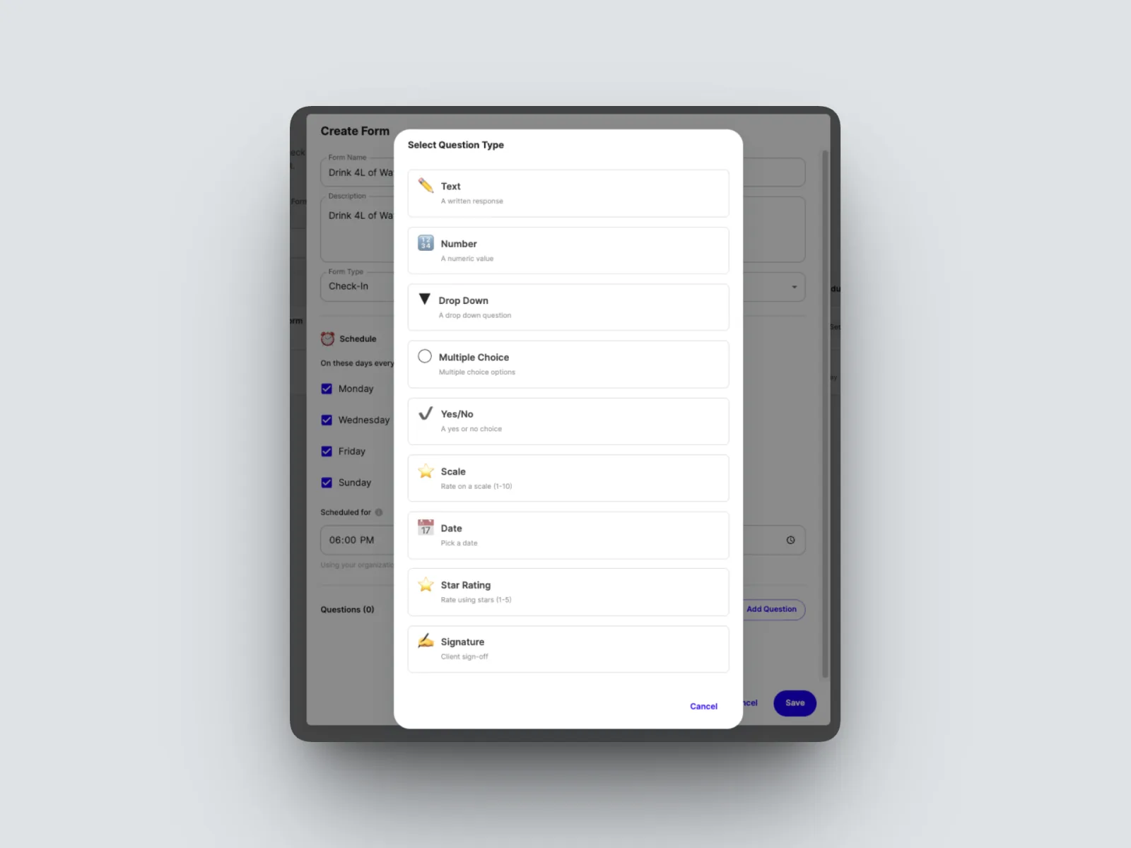 Add your questions, choosing a question type for each.