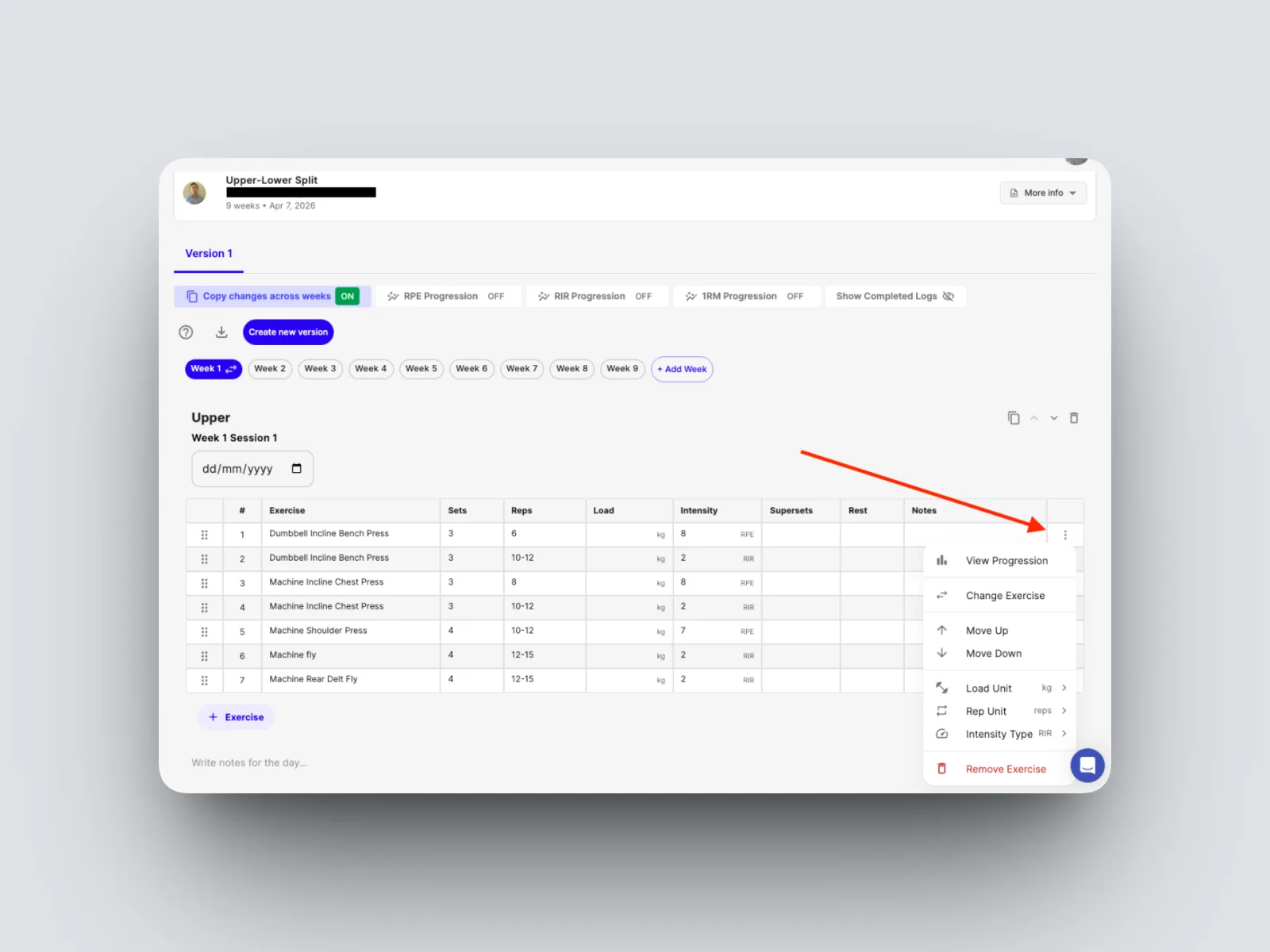 open up the options for that row and click “View Progression”.