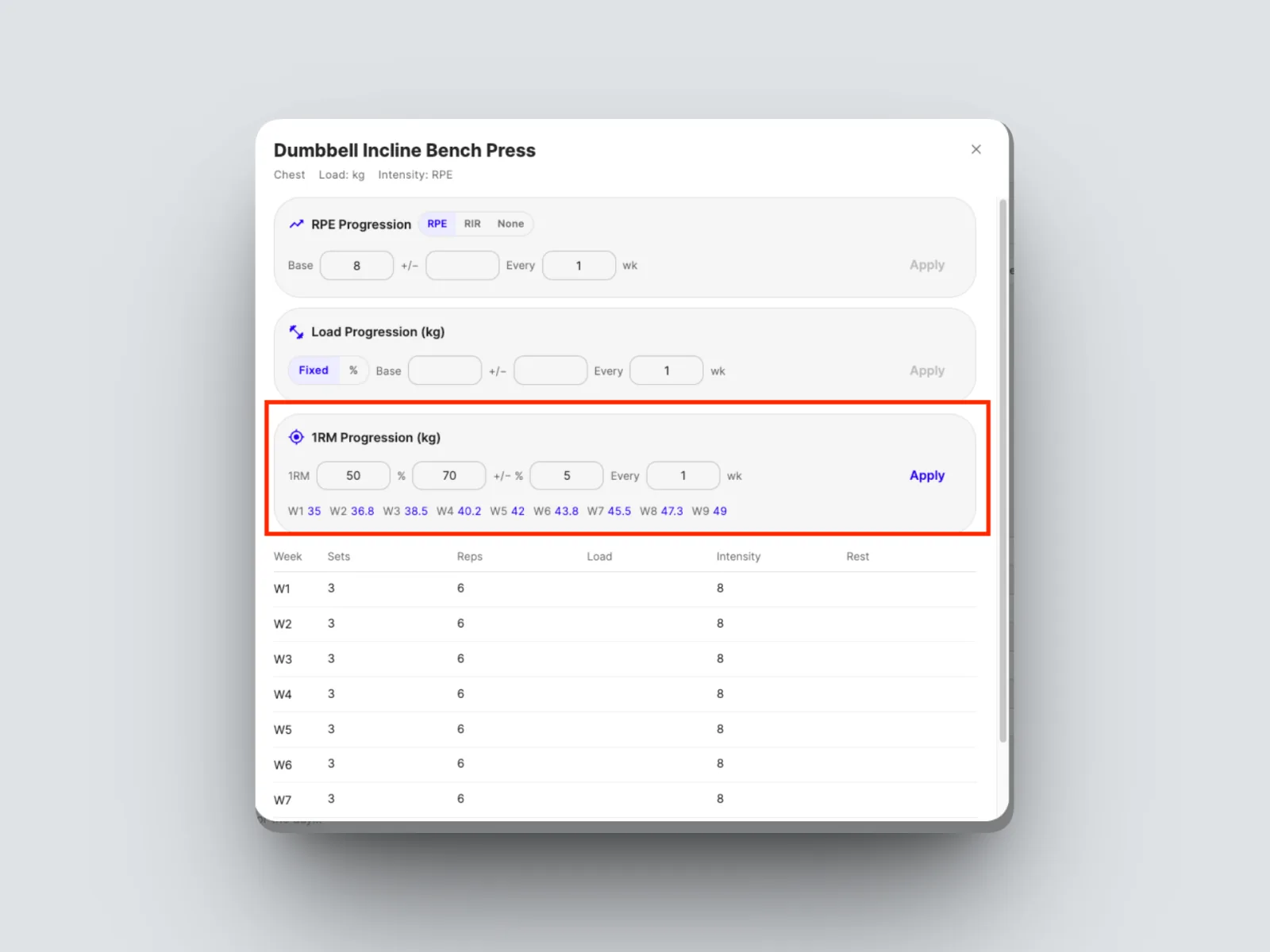Set the weekly increase, in this example an extra 5% each week.