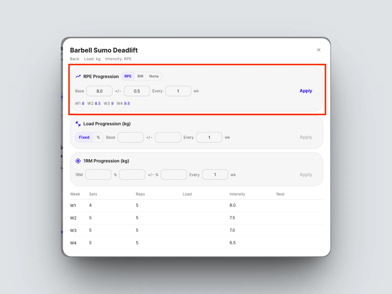 Set the weekly increase, for example 0.5 each week.